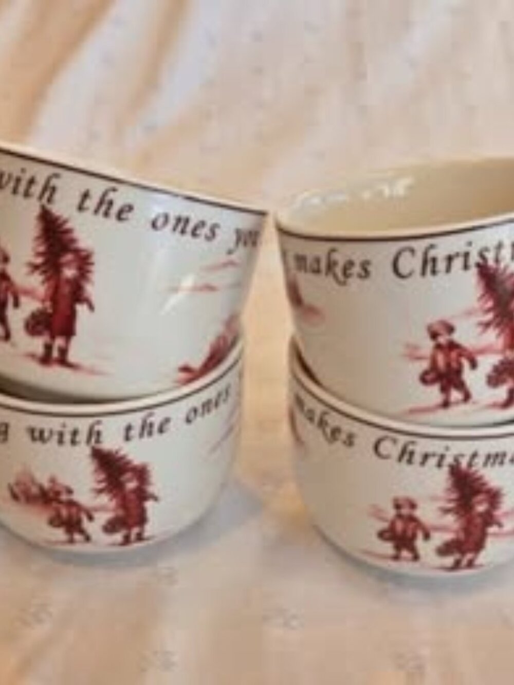 Set of 4 Holiday White Ceramic Mugs with Red Christmas Graphic